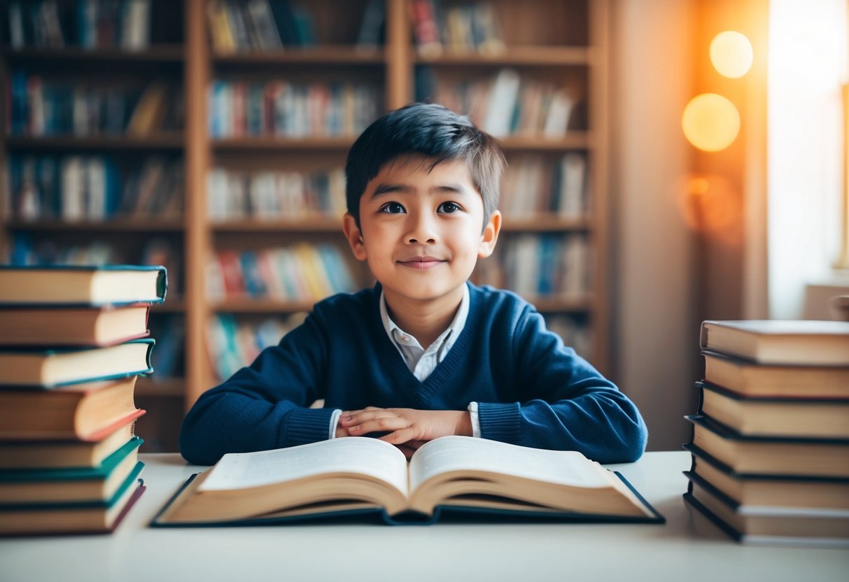 Um menino jovem sentado à mesa cercado por livros abertos, com uma expressão pensativa no rosto.