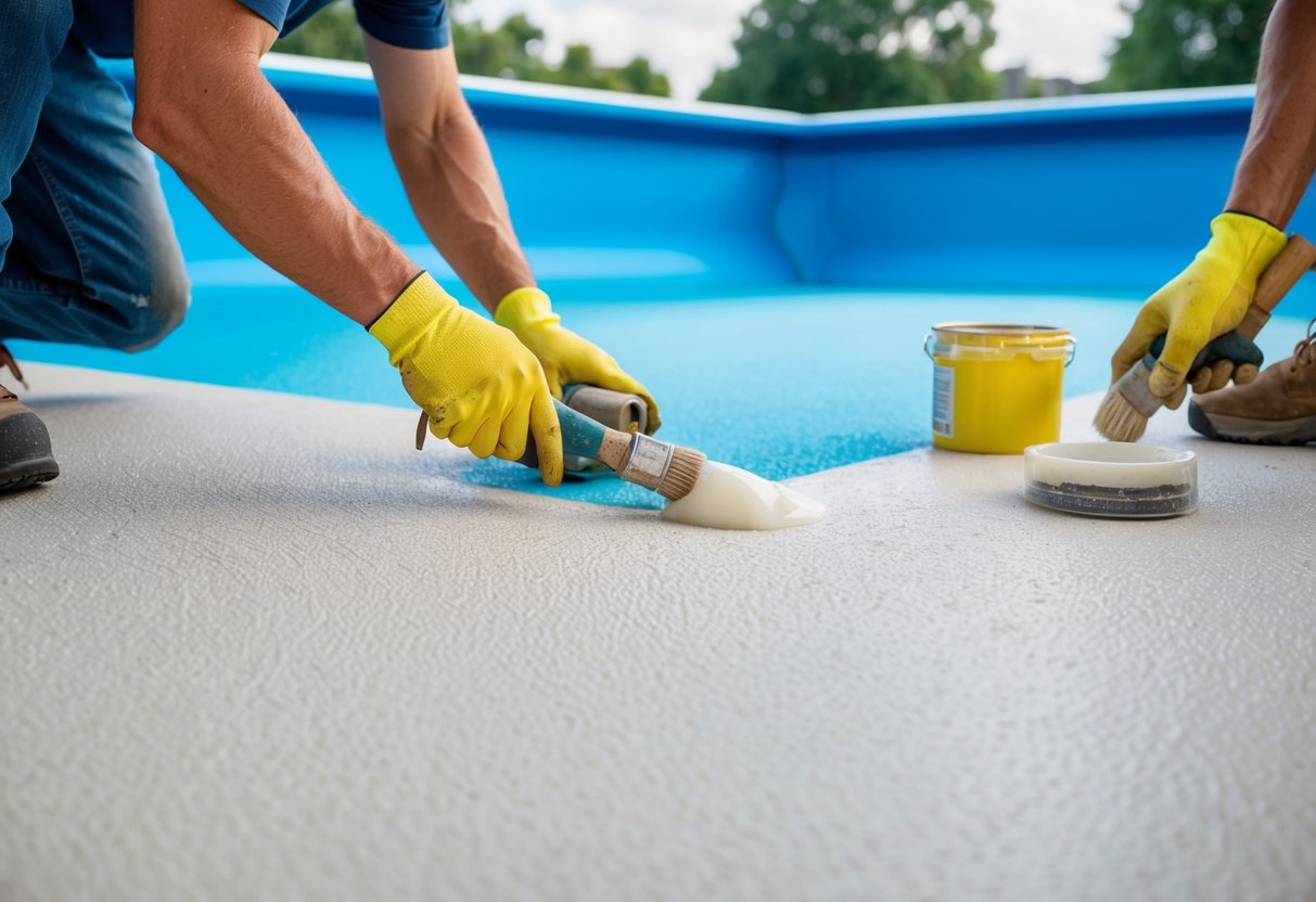 A pool surface being prepped for resurfacing with workers applying primer and smoothing out the surface with tools