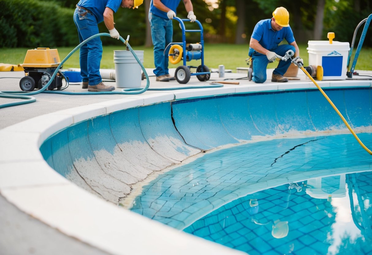 A pool with cracked and worn surface being resurfaced by workers with equipment and materials