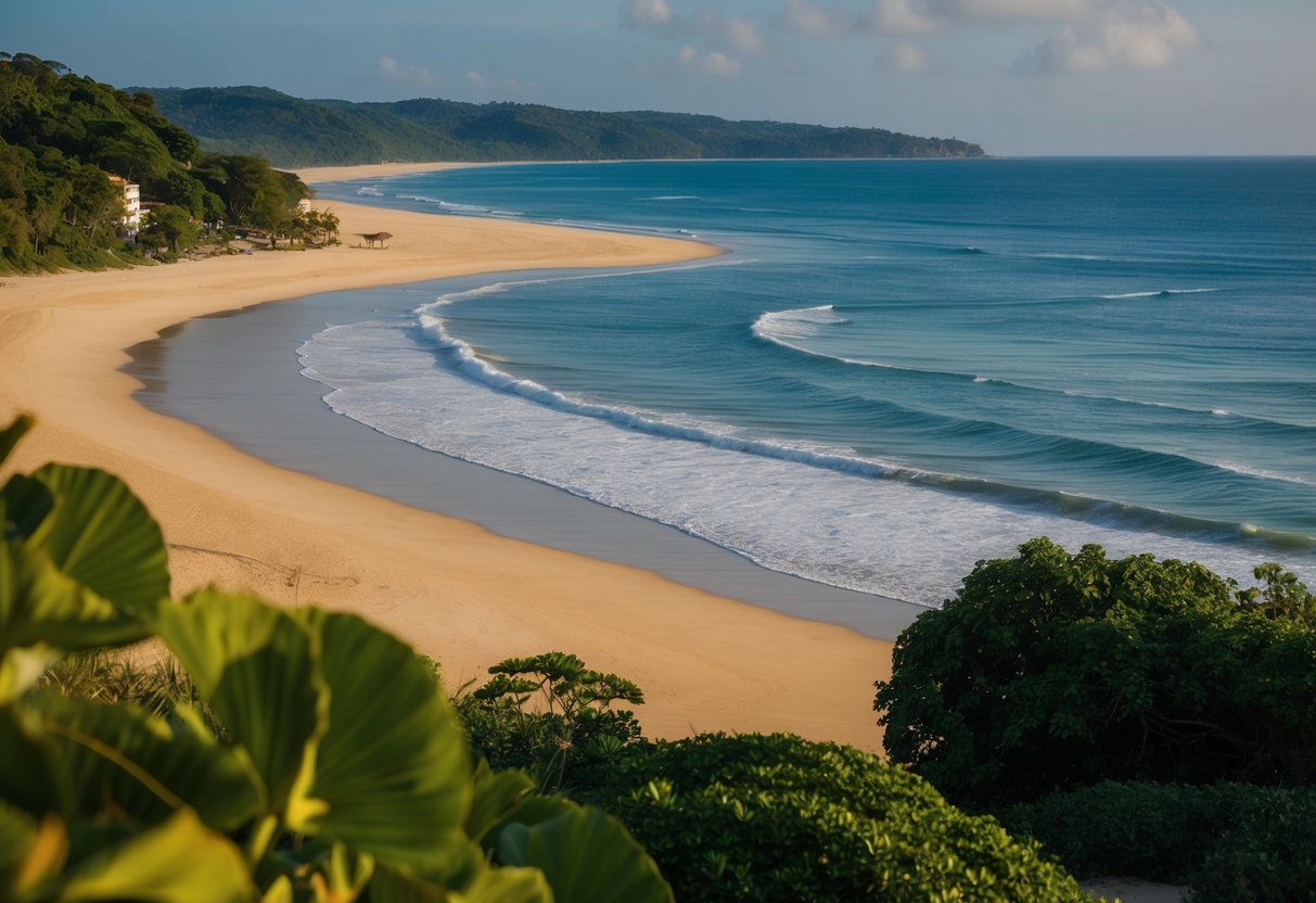 Uma praia serena com ondas suaves, areia dourada e vegetação exuberante, perto da cidade de Aparecida do Norte