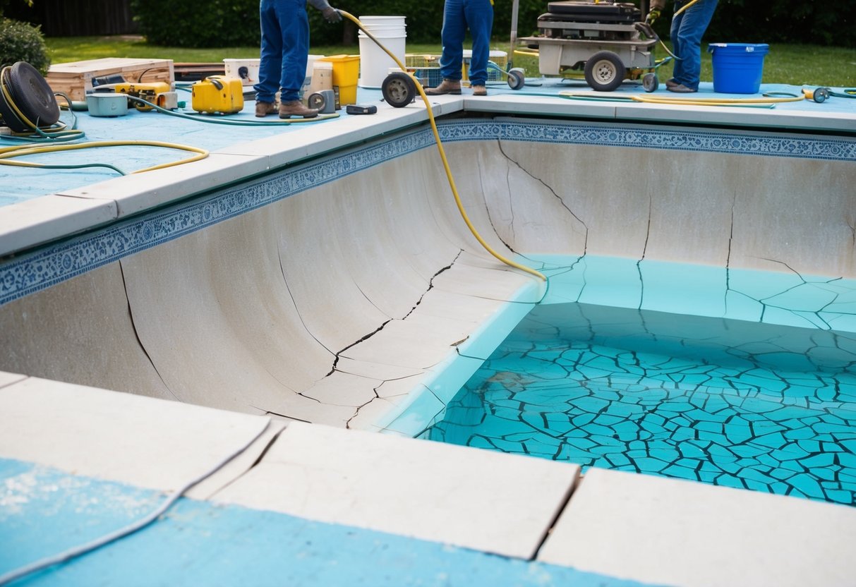 A pool with cracked and worn-out surface being resurfaced by workers with equipment and materials scattered around