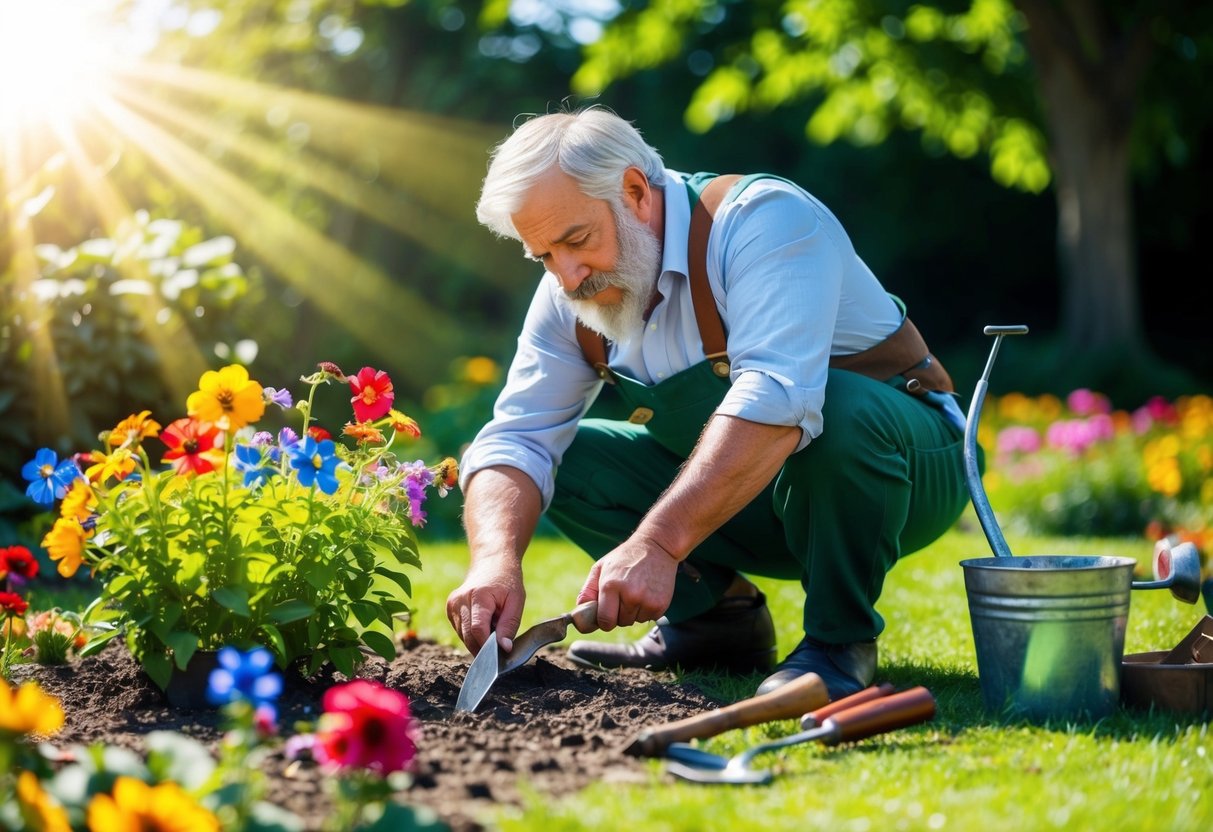 Um anão cuida de um jardim, cercado por flores coloridas e pequenas ferramentas intricadas. Um sol brilhante brilha acima, projetando sombras salpicadas no chão.