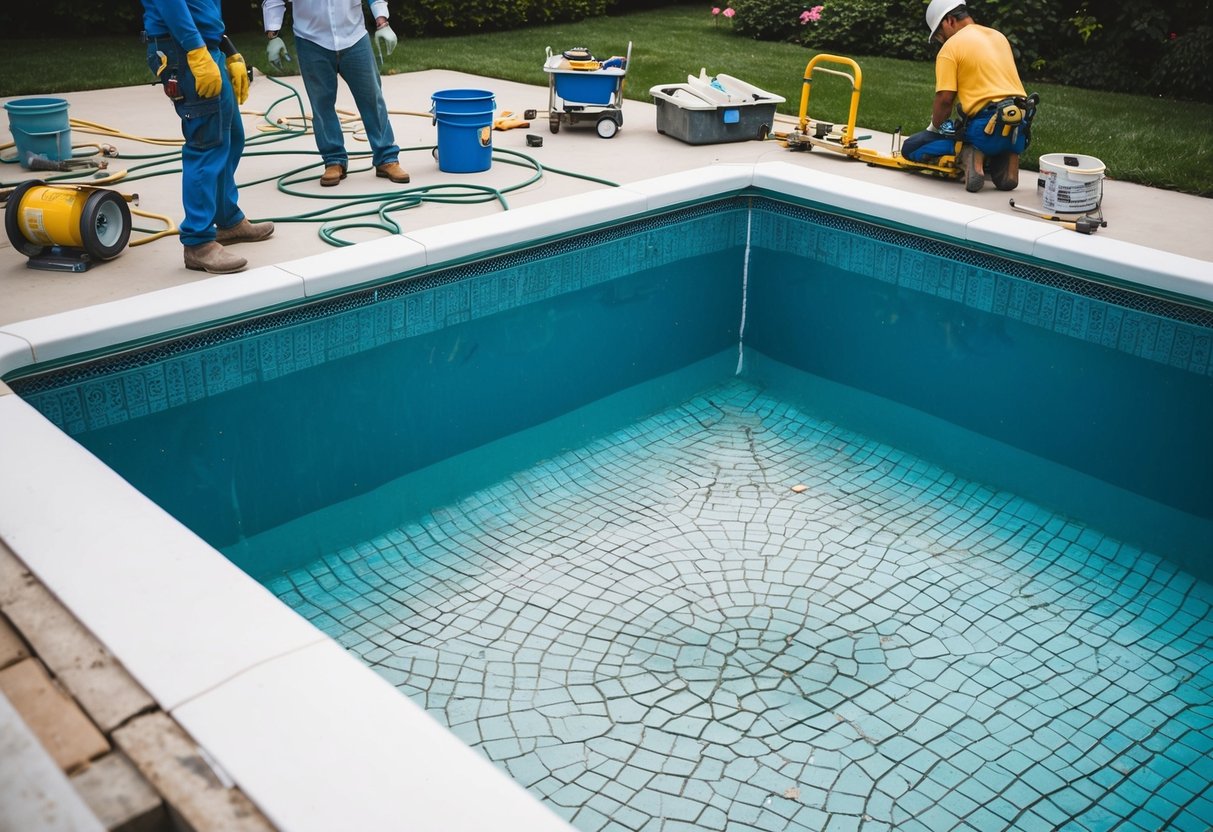 A pool with cracked and worn surface being resurfaced by workers with equipment and materials scattered around