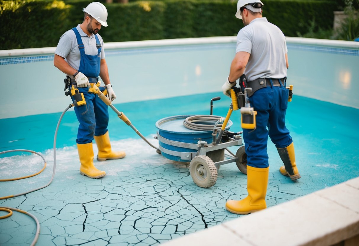 A pool with cracked and faded surface being resurfaced by a professional team with tools and equipment