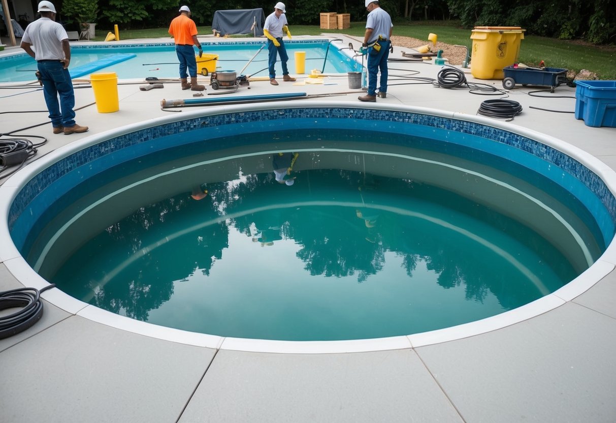 A pool with empty water, workers resurfacing the pool surface, equipment and materials scattered around the pool area