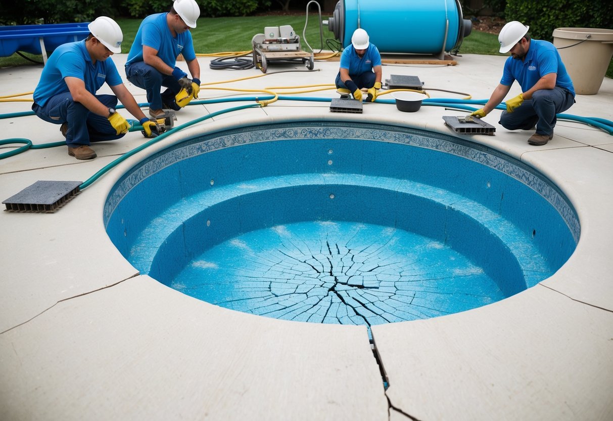 A pool with a cracked and worn surface, surrounded by workers resurfacing the pool with new materials and equipment