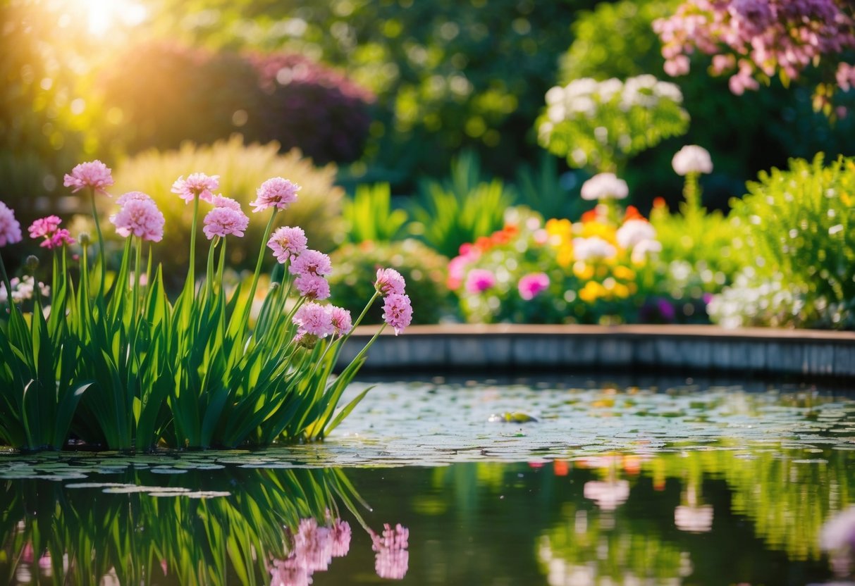 Um jardim tranquilo com flores em flor e um lago sereno