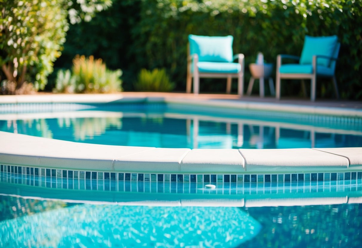 A sparkling pool with a smooth, newly resurfaced surface, surrounded by lush greenery and modern outdoor furniture