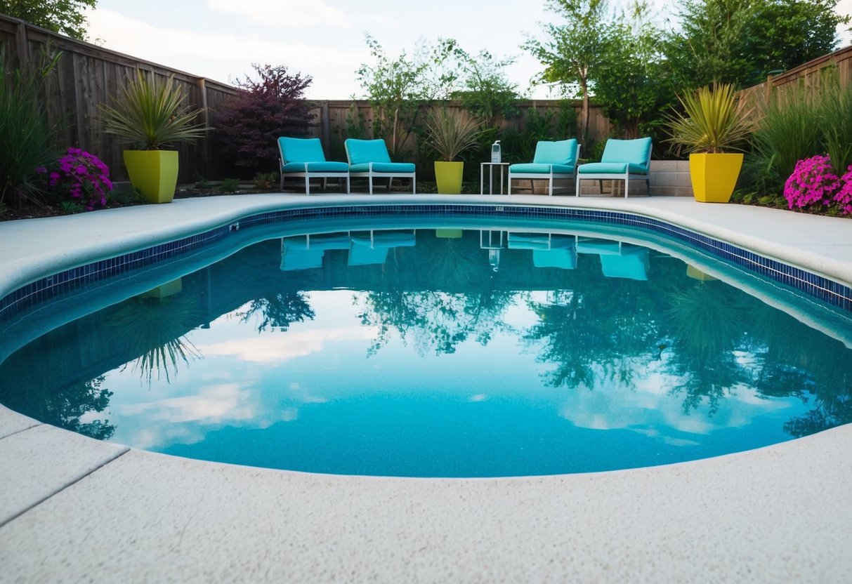 A sparkling pool with a smooth, freshly resurfaced surface, surrounded by vibrant landscaping and modern outdoor furniture