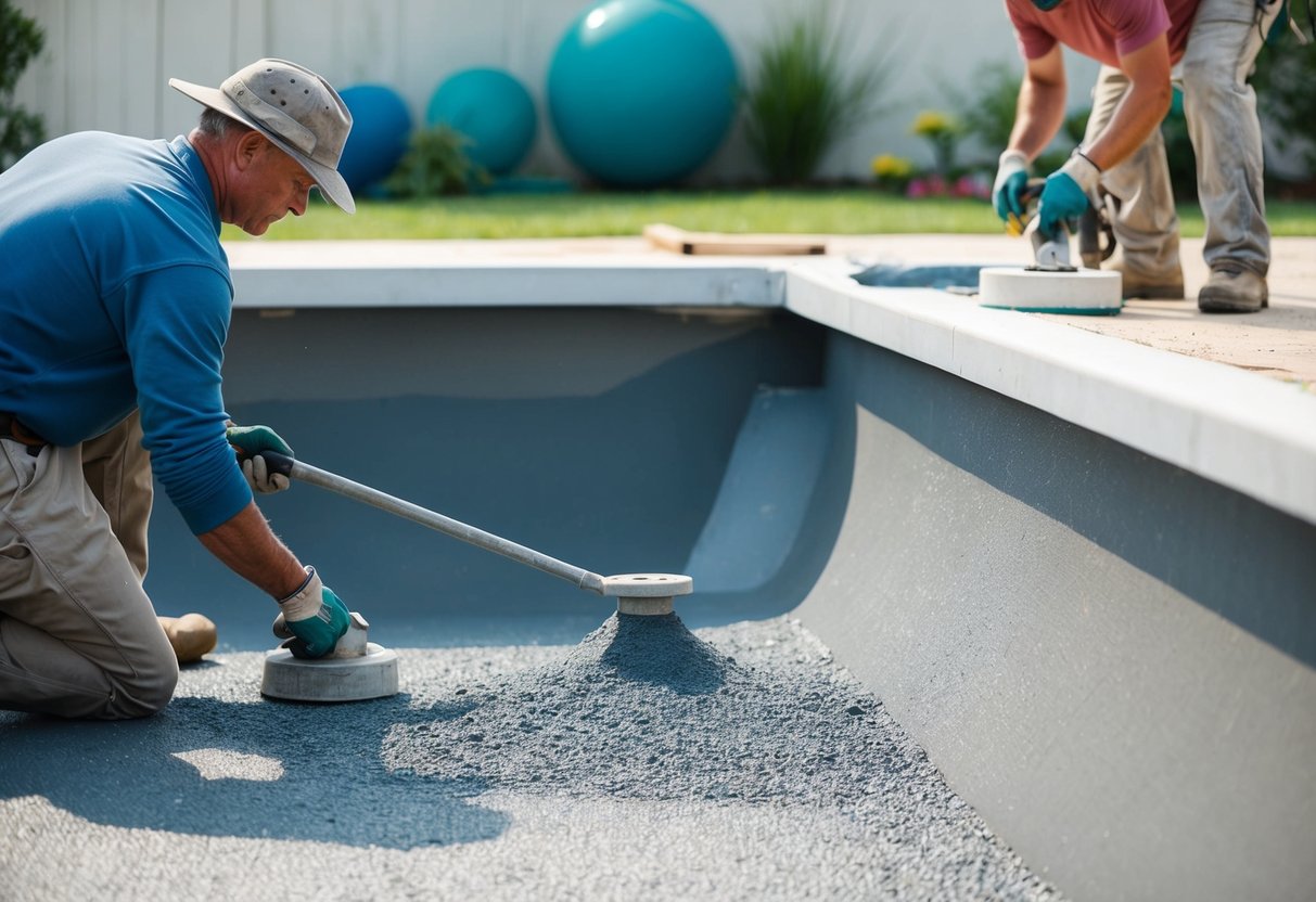 A pool being resurfaced with workers applying a fresh layer of material, smoothing and leveling the surface to enhance its aesthetics