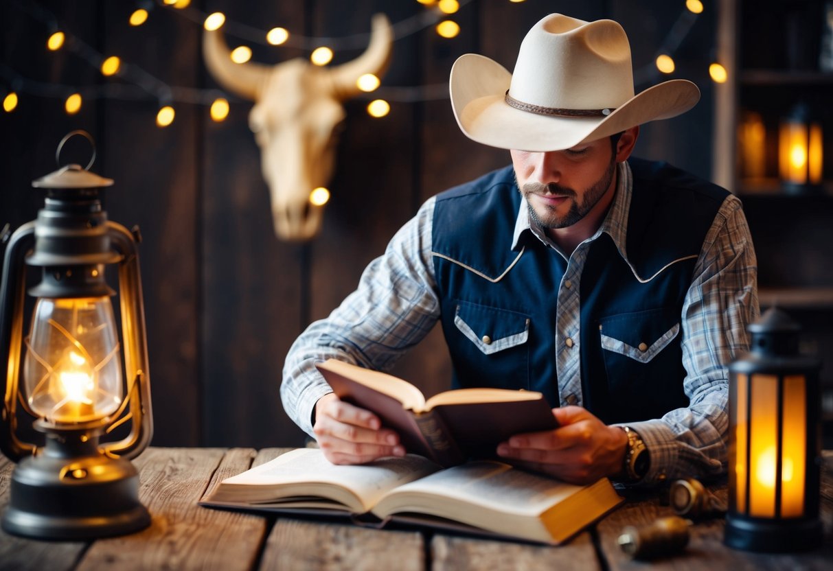 Um cowboy contando capítulos em um livro, cercado por decoração temática do oeste e uma lanterna tremulante