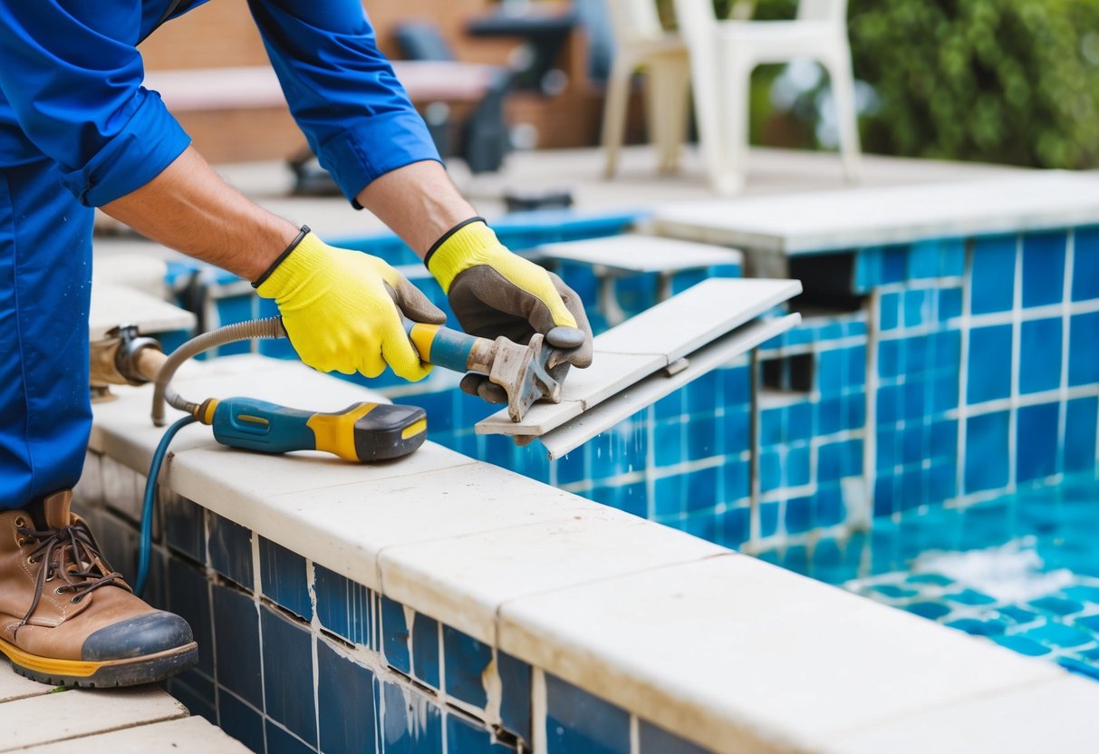 A pool with damaged tiles being carefully removed and replaced by a professional using specialized tools and equipment