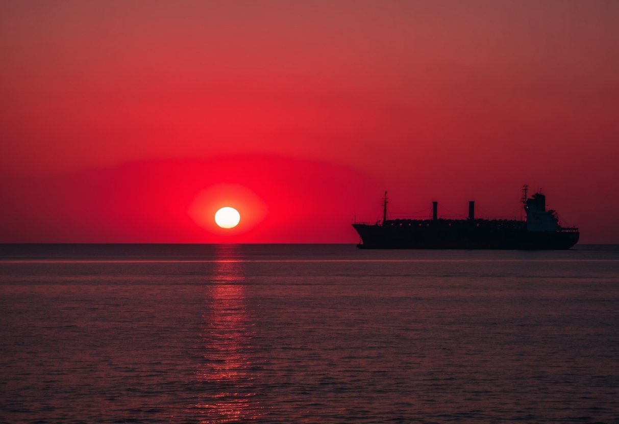 Um pôr do sol vermelho sobre um oceano calmo, com a silhueta de um navio distante no horizonte