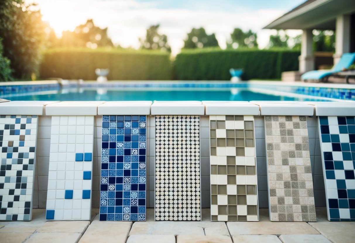 A pool with various tile options displayed around the edge, including different colors, patterns, and materials. The tiles are arranged neatly for easy comparison