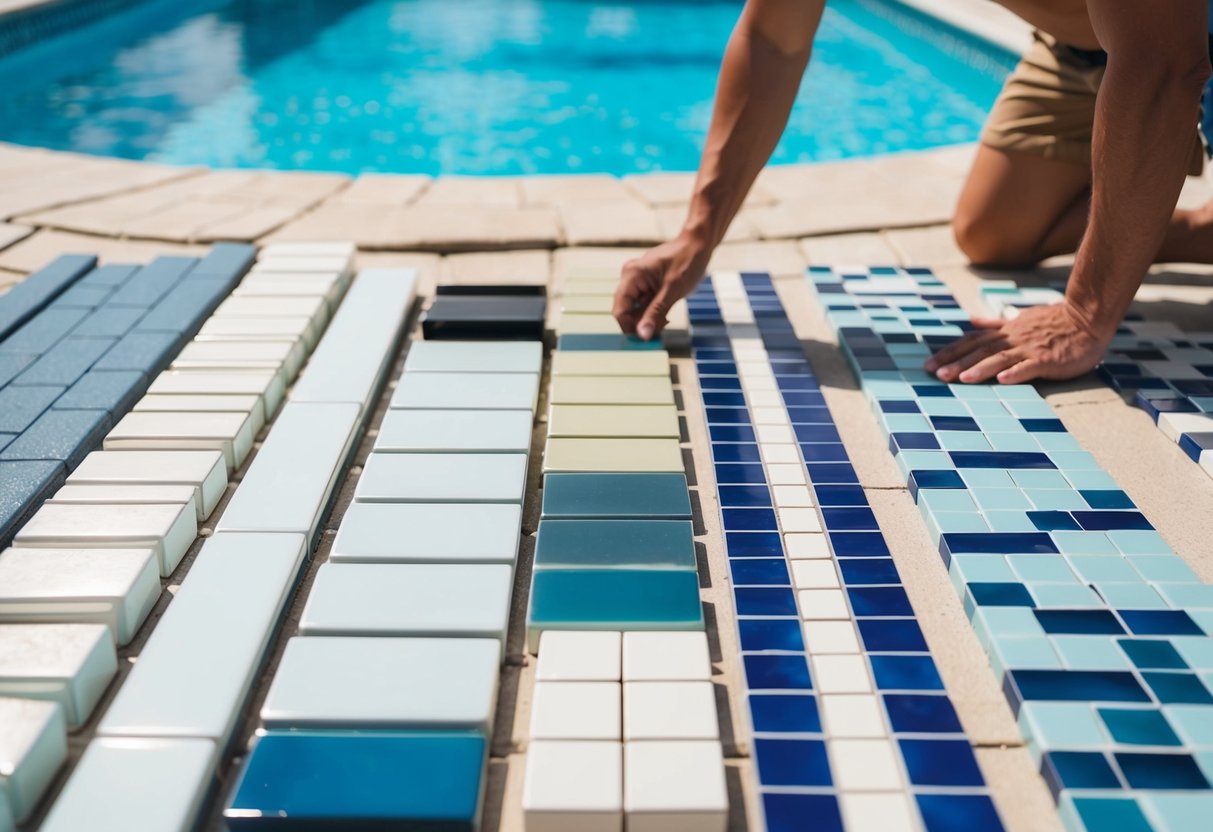 A pool with various tile options laid out around it, with a person considering different styles and colors for pool repair