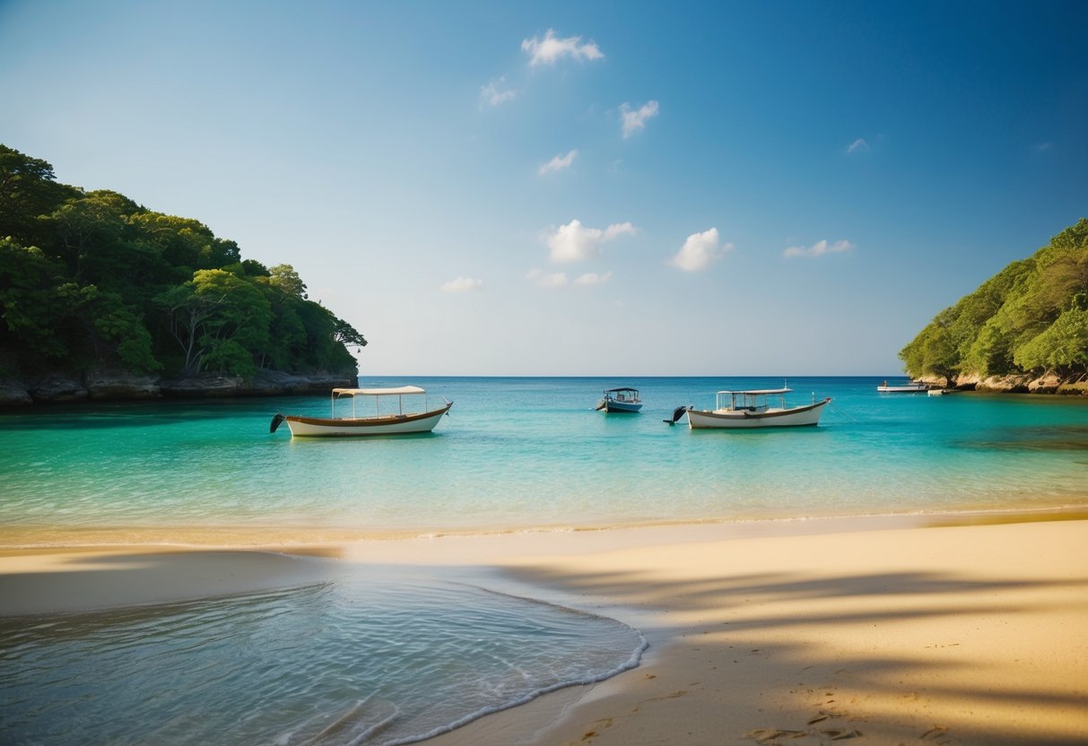 Uma praia serena com areia dourada e água azul clara, cercada por uma vegetação exuberante e alguns pequenos barcos na costa.