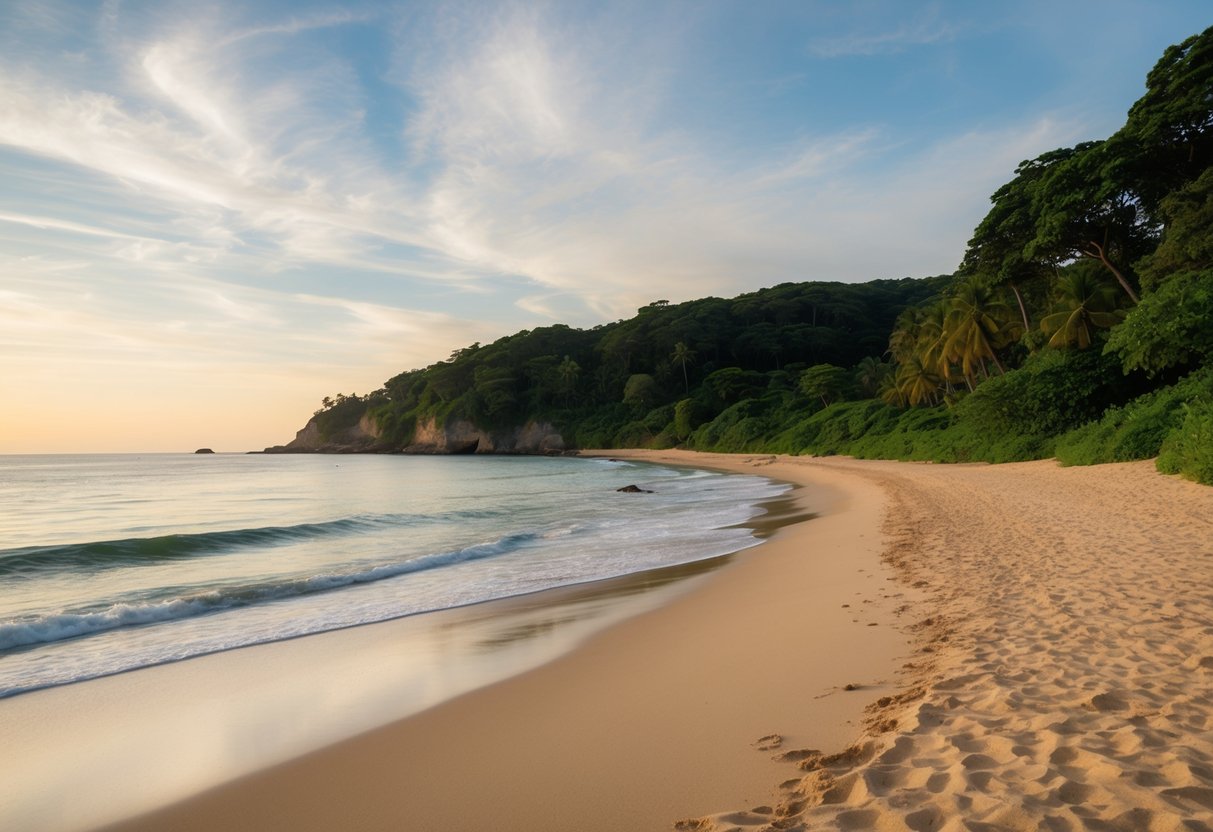 Uma praia serena com ondas calmas, areia dourada e vegetação exuberante, localizada perto de Campinas