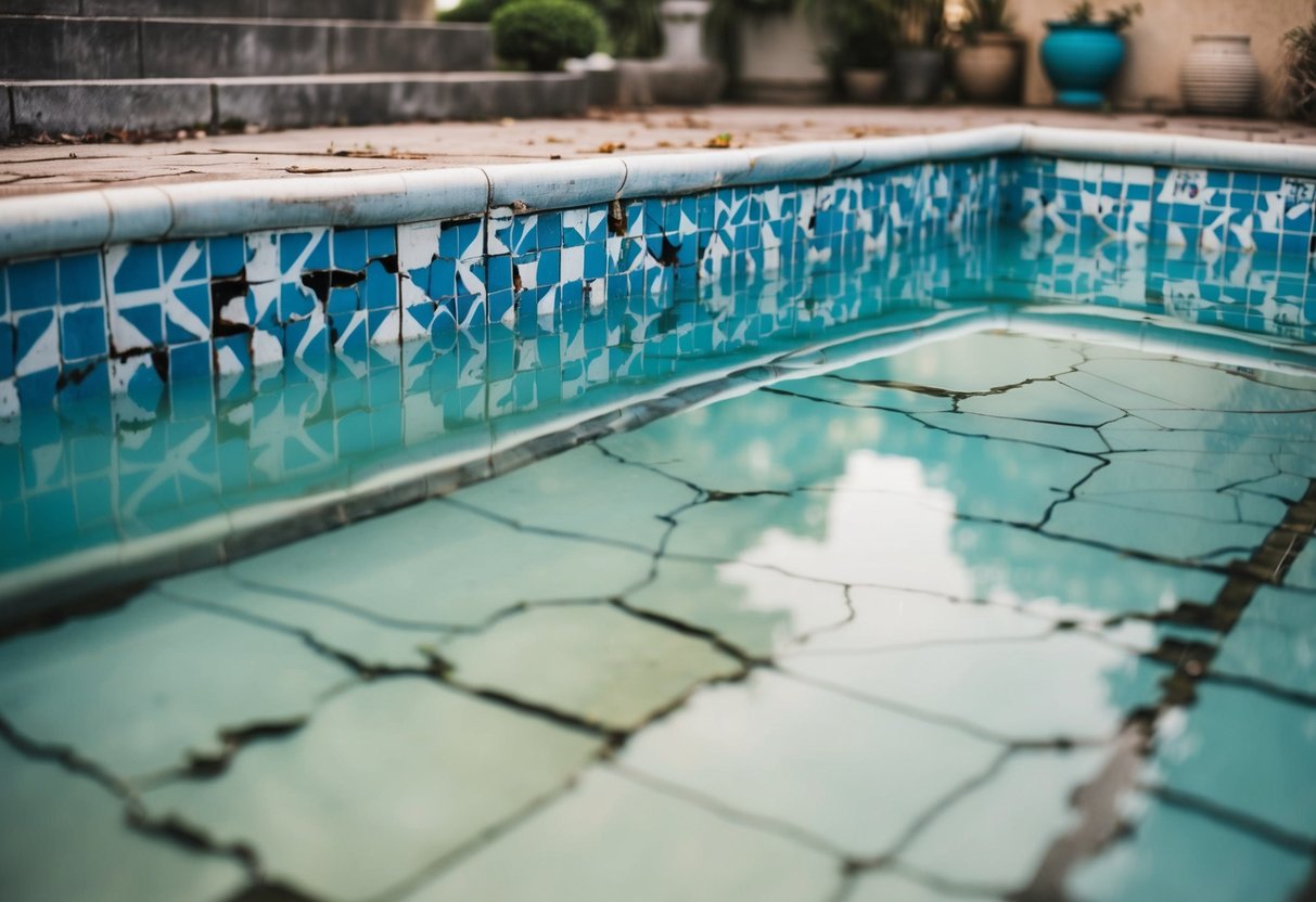 A pool with cracked and chipped tiles, surrounded by water and possibly showing signs of discoloration or wear