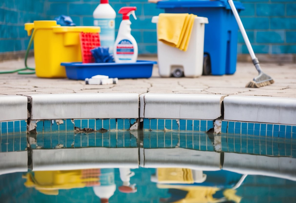 A pool with cracked and discolored tiles, surrounded by water and cleaning supplies