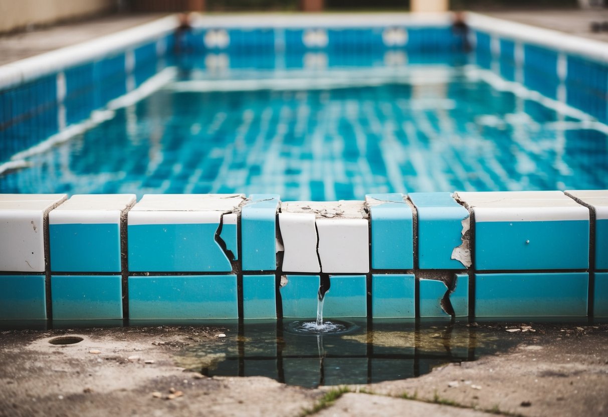 A pool with cracked and chipped tiles, water leaking from the edges. Surrounding area shows signs of wear and tear