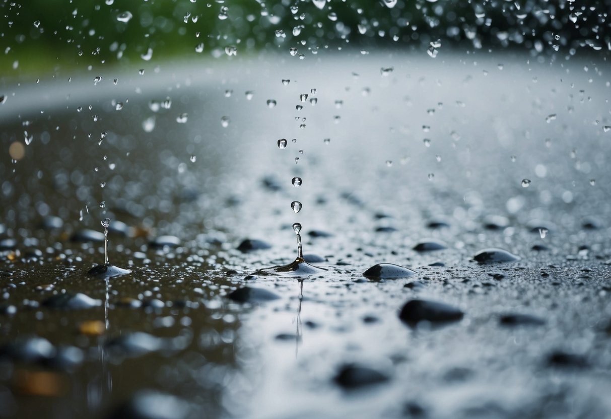 Gotas de chuva esparsas atingindo o chão e criando pequenas poças.