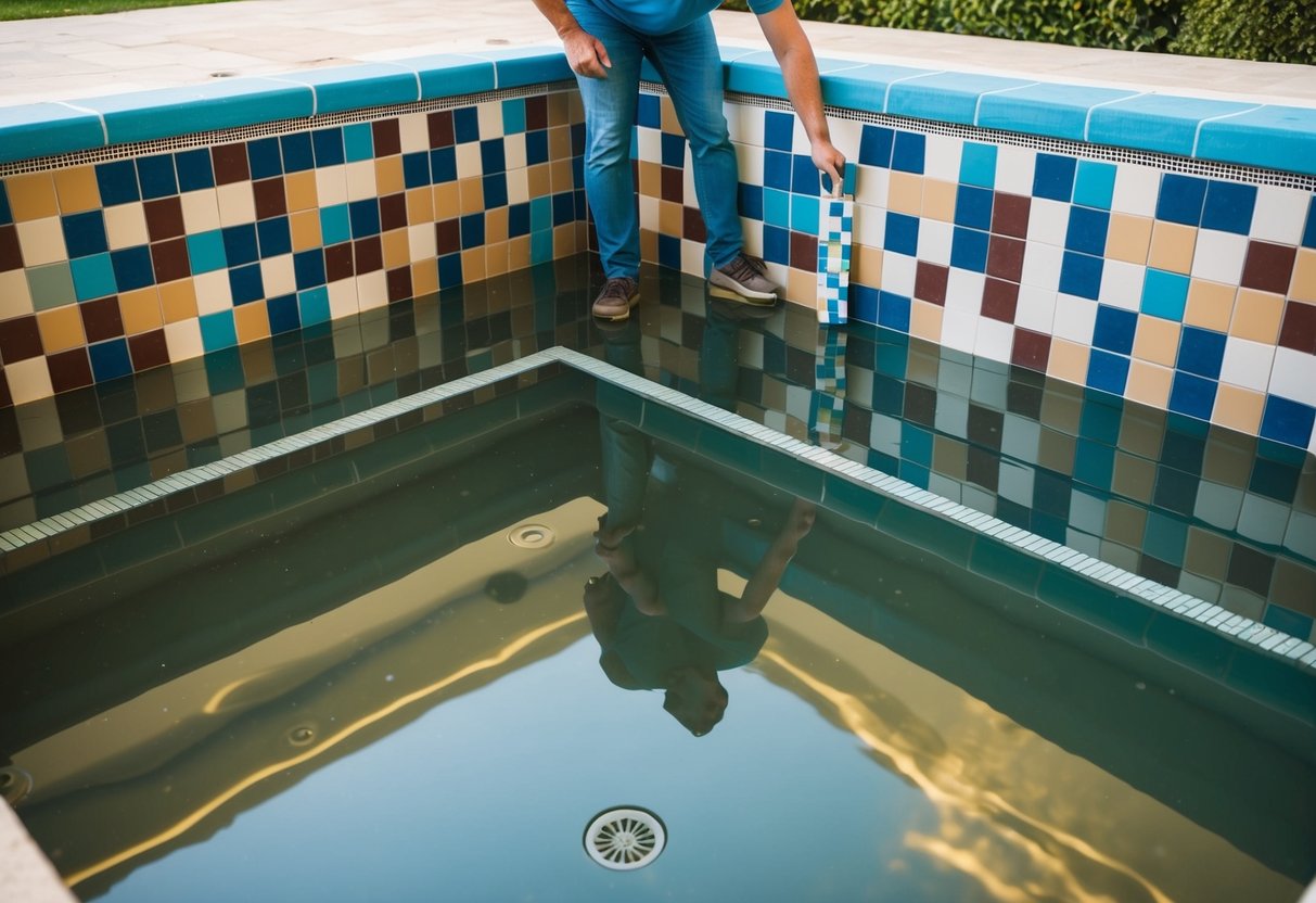 A pool with empty, drained water, surrounded by a variety of colorful tiles, with a person measuring and replacing the tiles in a step-by-step process