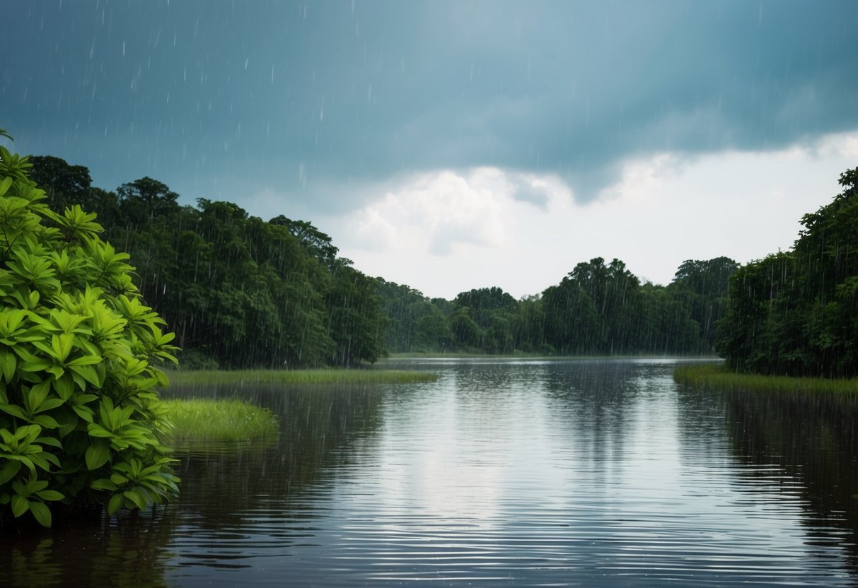 Uma paisagem tranquila com chuvas esparsas sobre a folhagem verde exuberante e águas calmas