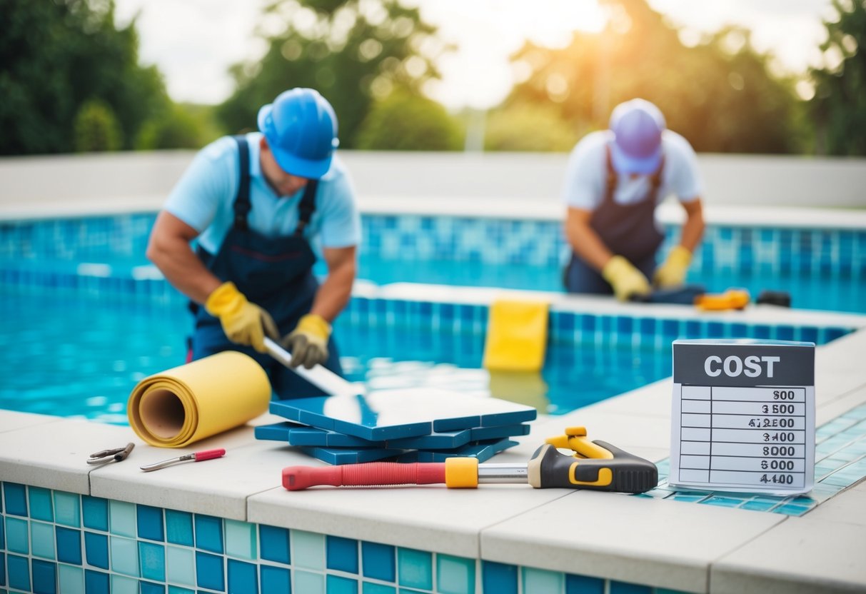 A pool with workers replacing tiles, tools scattered, cost chart nearby