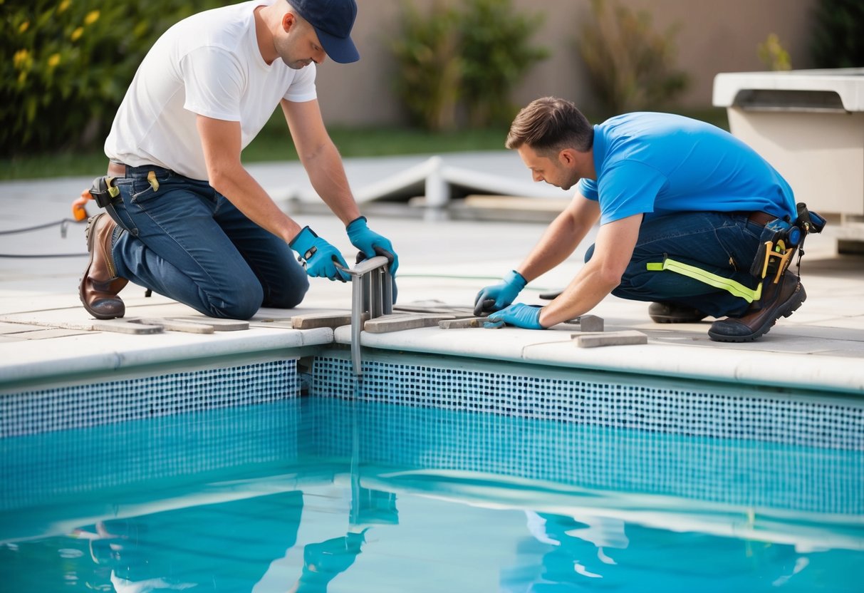 A person is carefully removing old tiles from a swimming pool, while another person is installing new tiles with professional tools and equipment