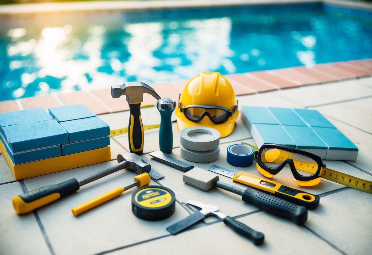 A poolside scene with a variety of tools and materials for DIY and professional tile replacement, including tiles, grout, hammers, chisels, safety goggles, and measuring tape