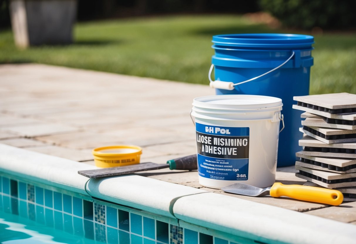 A pool with loose or missing tiles, a bucket of adhesive, a trowel, and a stack of replacement tiles nearby