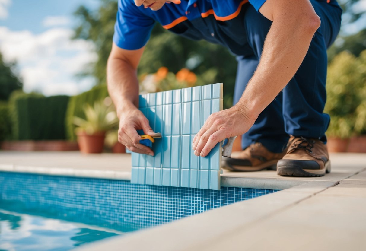 An individual carefully selecting and applying adhesive to secure new pool tiles in place