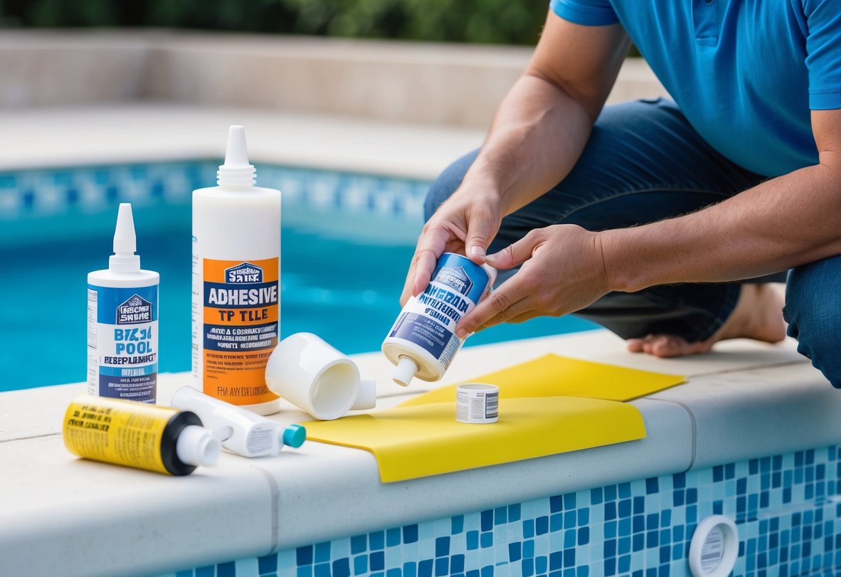 A person selecting adhesive for pool tile replacement, examining various adhesive products and reading labels for specific uses