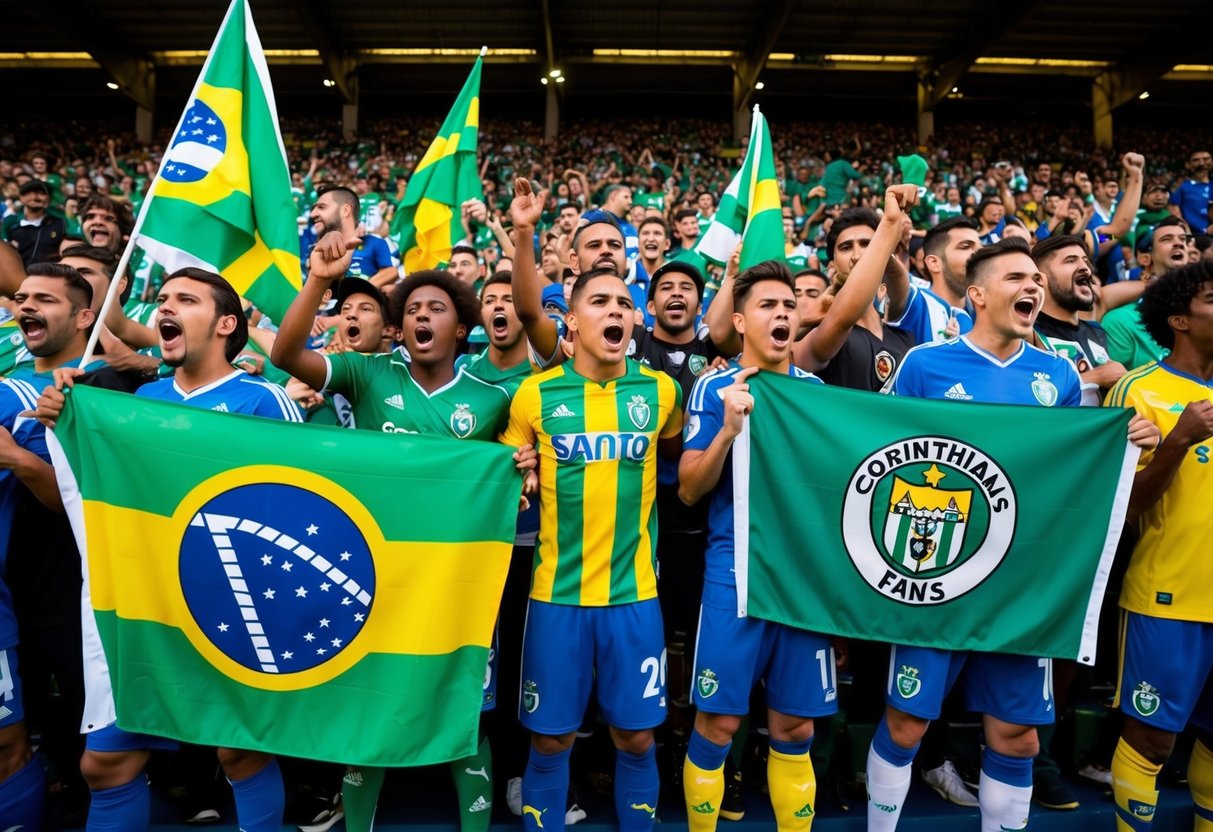 Fãs do Palmeiras e Santos se unem aos torcedores do Corinthians em um estádio, agitando bandeiras e cantando em apoio ao seu time.