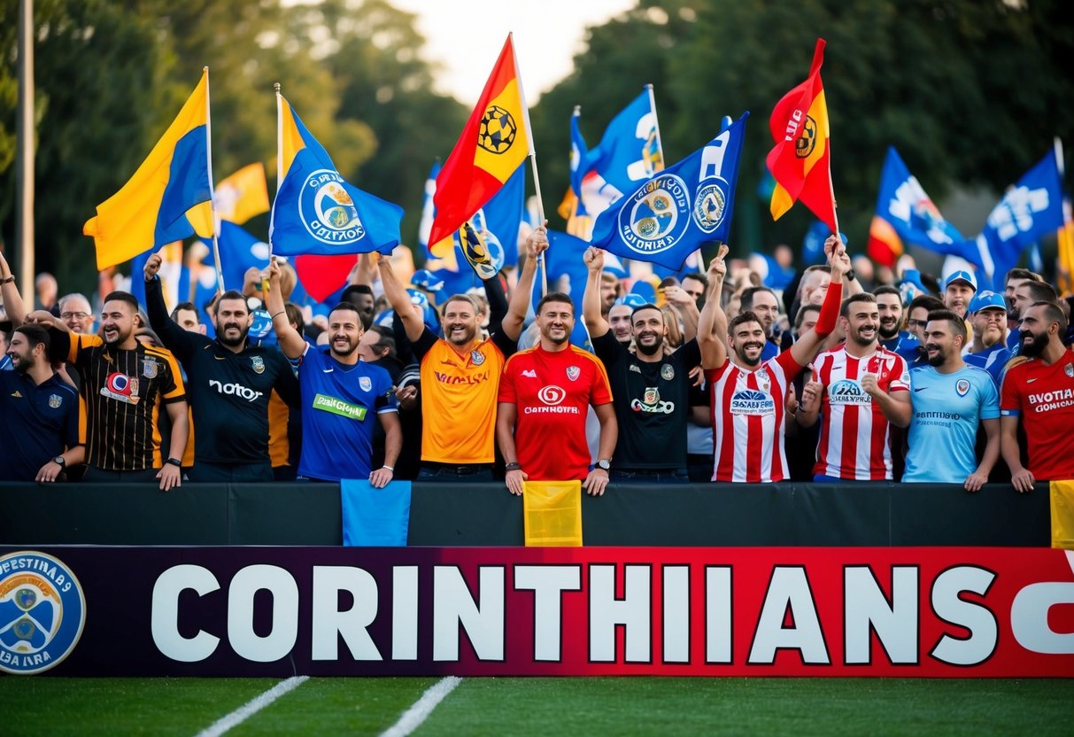 Um grupo de torcedores de diferentes torcidas organizadas está unido, acenando bandeiras e faixas em apoio ao Corinthians.