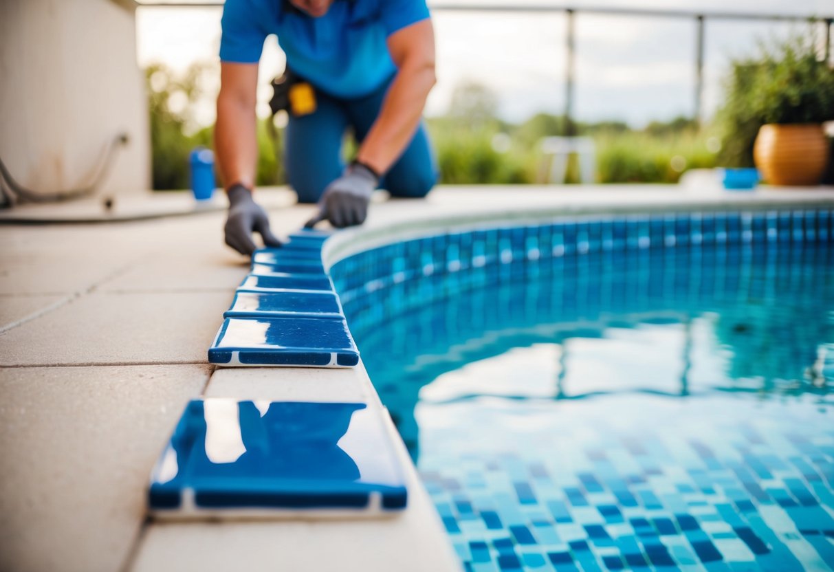 A pool maintenance worker installs new tiles along the edge of a swimming pool, carefully aligning each one before applying adhesive