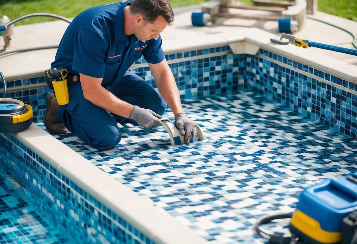 A pool with newly replaced tiles, surrounded by maintenance equipment and tools. A technician carefully inspects the tiles for proper installation and ensures the integrity of the pool surface