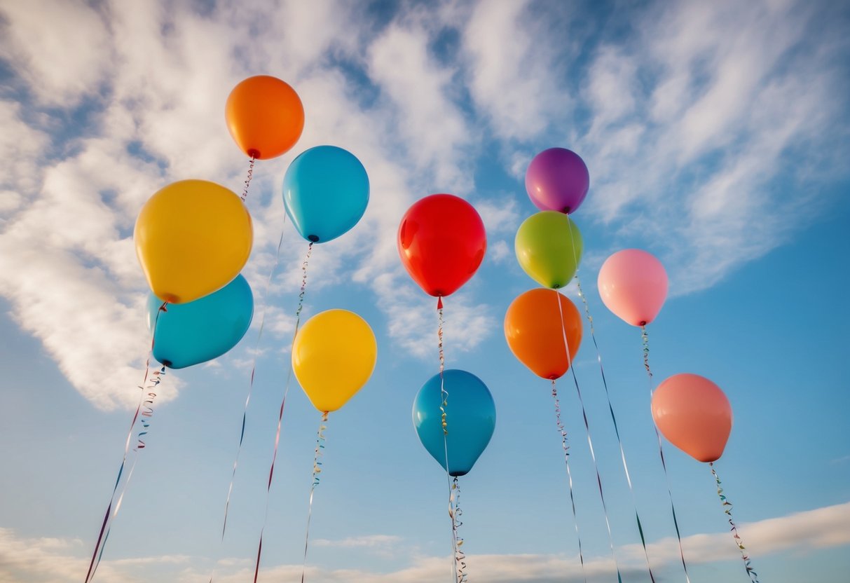 Um grupo de balões coloridos subindo ao céu, simbolizando alegria e celebração