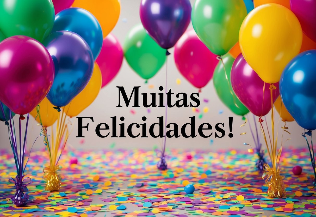 Uma cena festiva com balões coloridos e confete espalhado pelo chão, transmitindo o conceito de "Muitas felicidades" ou "Muita felicidade."