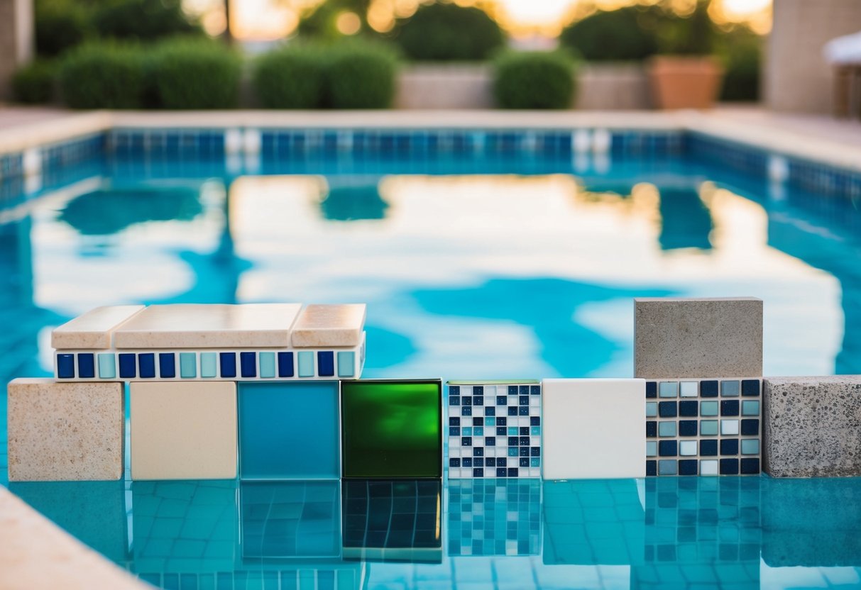 A pool with various types of tiles such as ceramic, glass, and stone, showcasing the different materials available for pool tiling