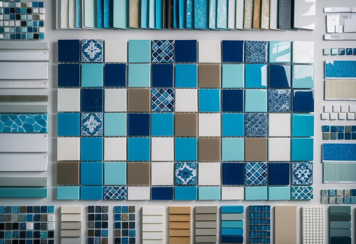 A variety of pool tiles arranged in a grid, showcasing different colors, patterns, and textures. Surrounding the tiles are sample boards and design swatches for inspiration