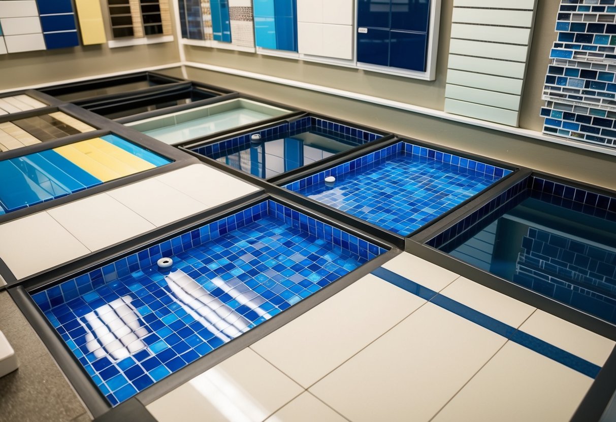 A variety of pool tiles displayed in a showroom, organized by type and color. Some tiles are glossy, while others have a matte finish