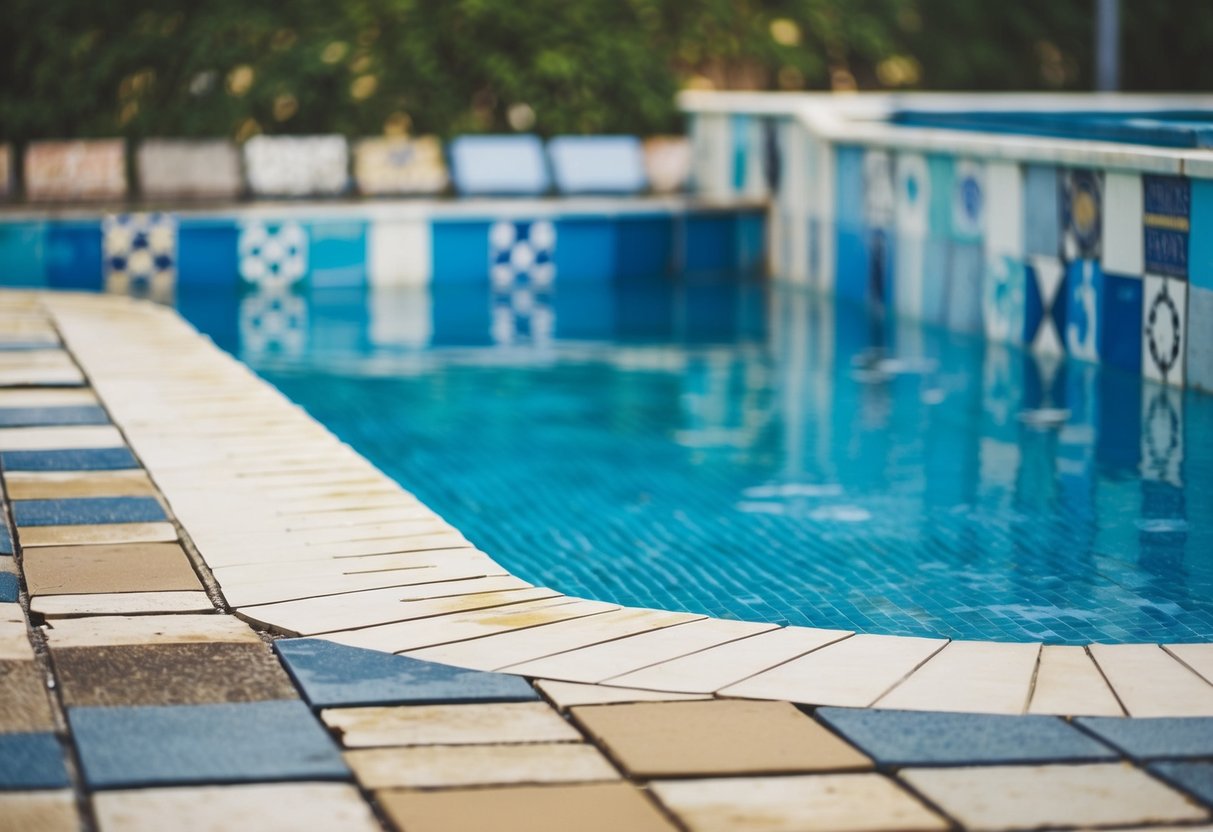 A swimming pool with different types of tiles exposed to various weather conditions, showing signs of wear and aging