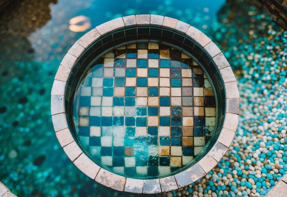 A pool with weathered tiles, surrounded by various types of water, such as chlorinated, saltwater, and mineral-rich, showing signs of erosion and discoloration