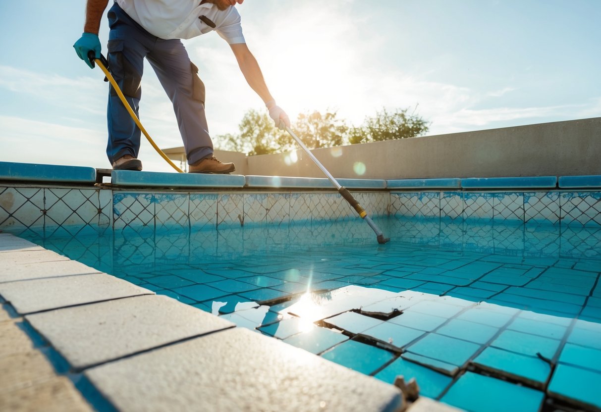 The sun beats down on a weathered swimming pool, with cracked and faded tiles lining the edges. A maintenance worker assesses the damage, noting the effects of weather on the pool's tile longevity