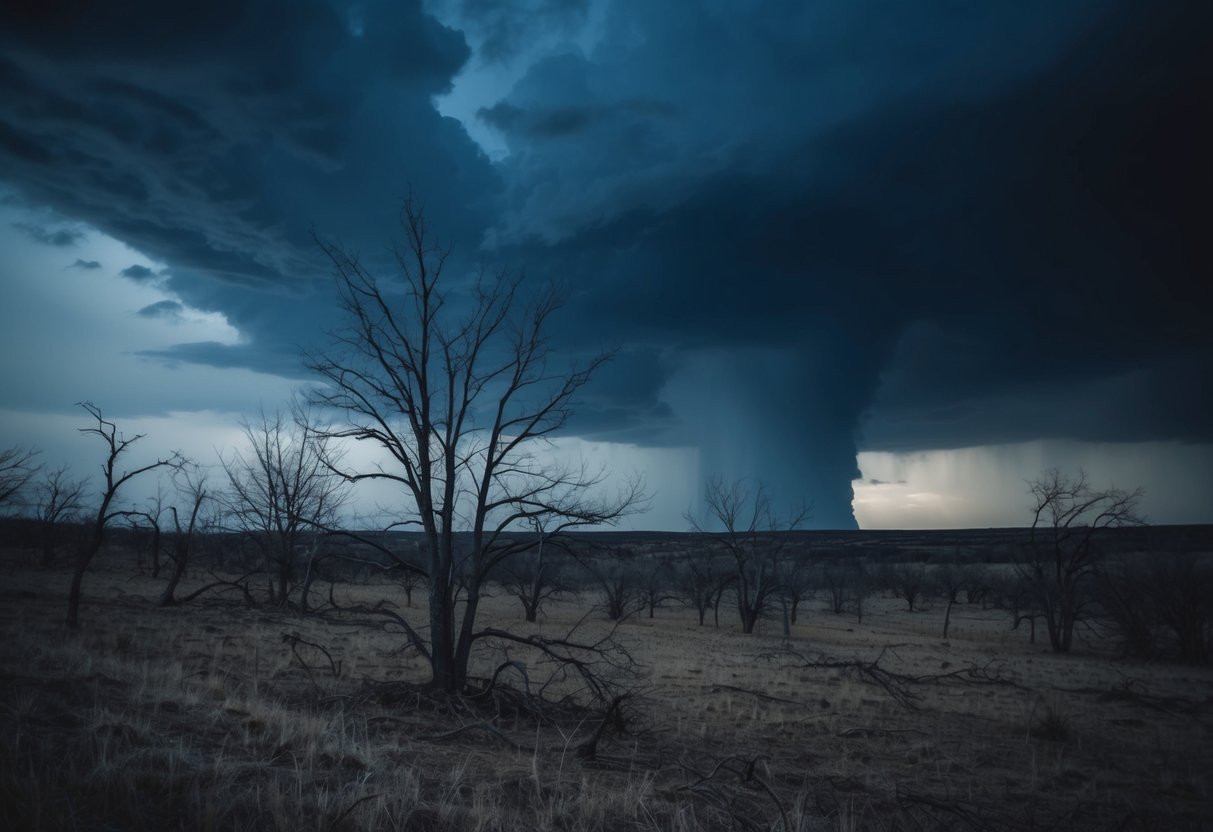 Um céu escuro e tempestuoso paira sobre uma paisagem desolada, com árvores secas e um sentimento de arrependimento pairando no ar.