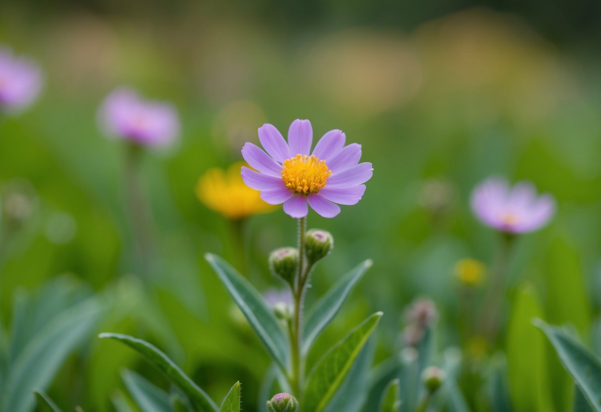 Uma pequena flor vibrante florescendo em meio a um campo de verdura, exalando uma sensação de charme delicado, mas resiliente.