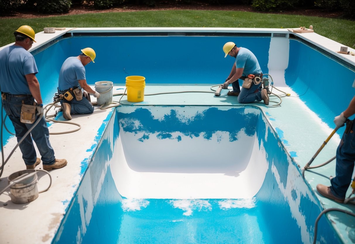 A pool with chipped and faded surfaces being prepped, resurfaced, and finished by workers with equipment and materials