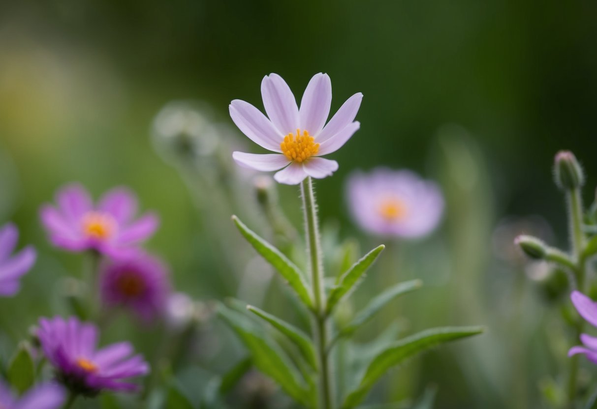 Uma pequena e delicada flor se destacando entre as outras plantas, suas pétalas vibrantes e alegres, exalando uma sensação de calor e amizade.