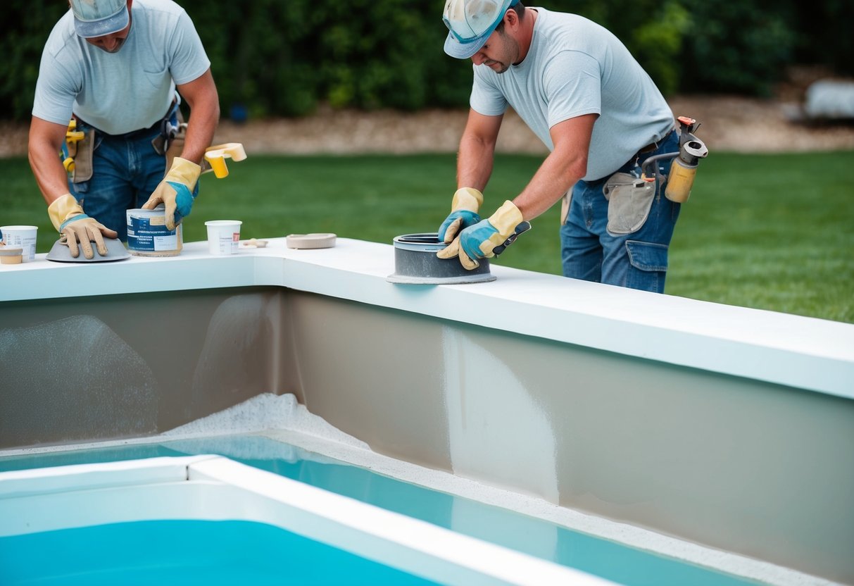 A pool being resurfaced with workers applying various materials in a step-by-step process, including sanding, smoothing, and finishing